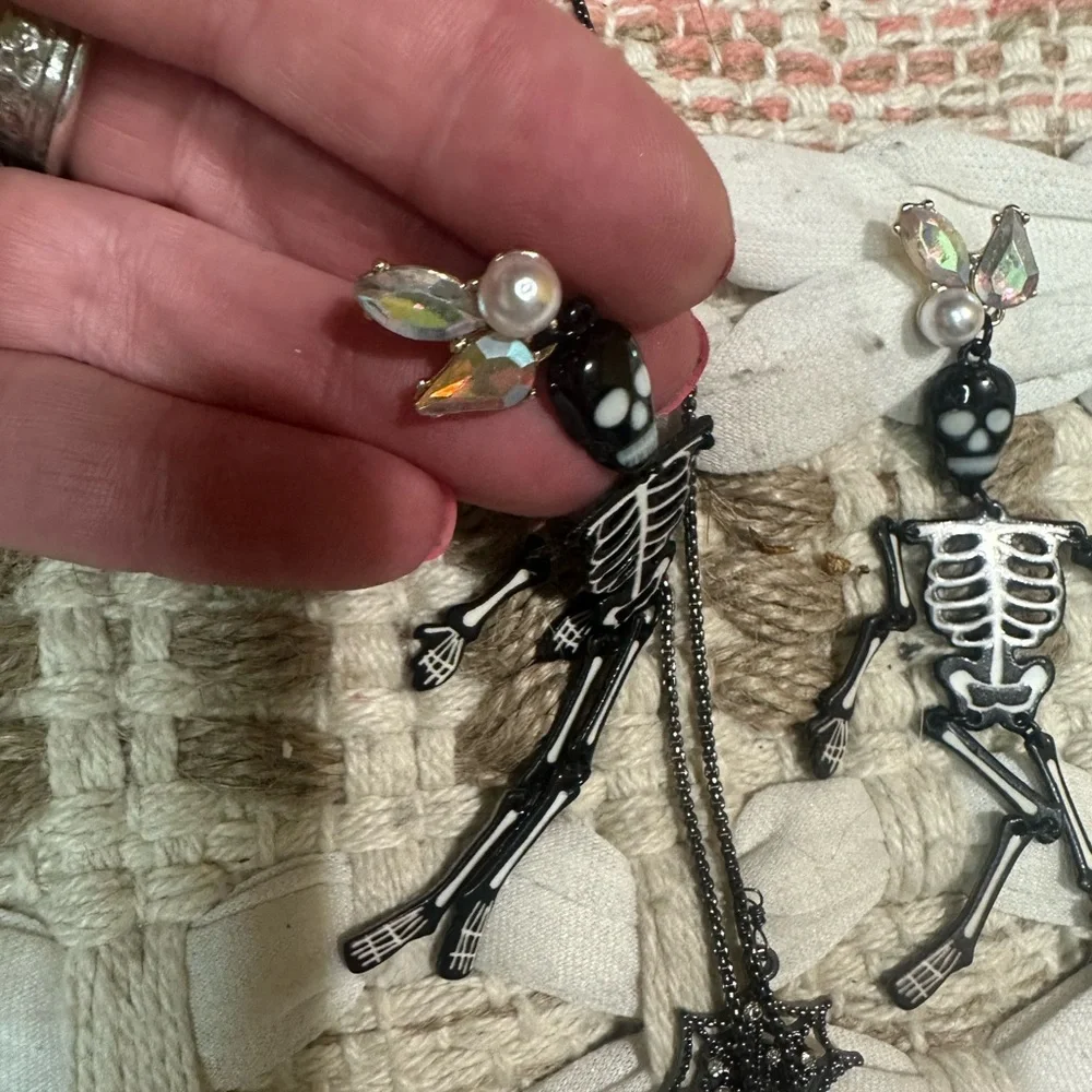 BETSY JOHNSON bedazzled skeleton necklace earring set